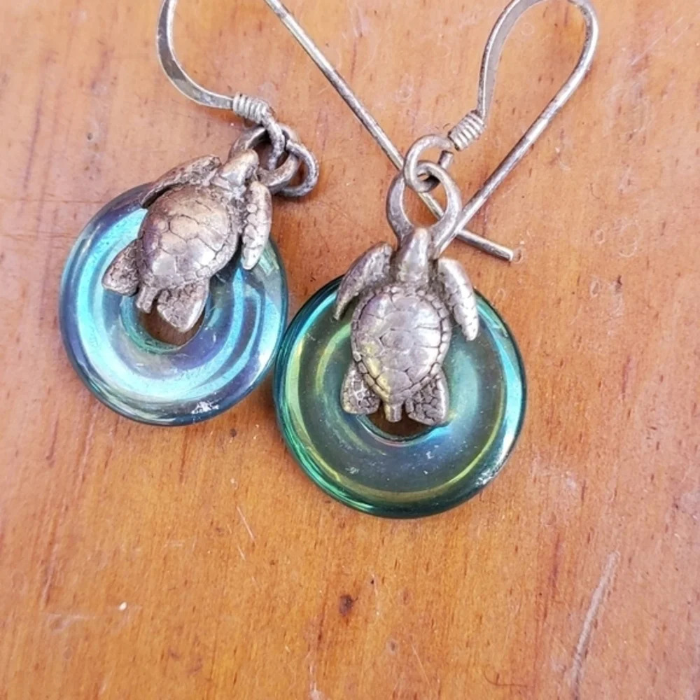 Vintage‎ art glass and sterling Coastal  earrings - Picture 6 of 9